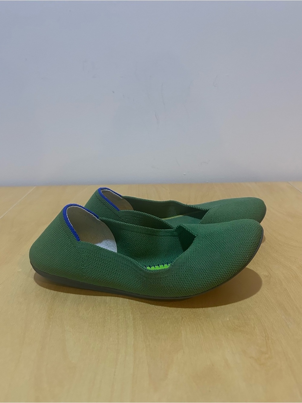 Rothy's Green Knit Slip-On Flats with Blue Trim, Sz 8